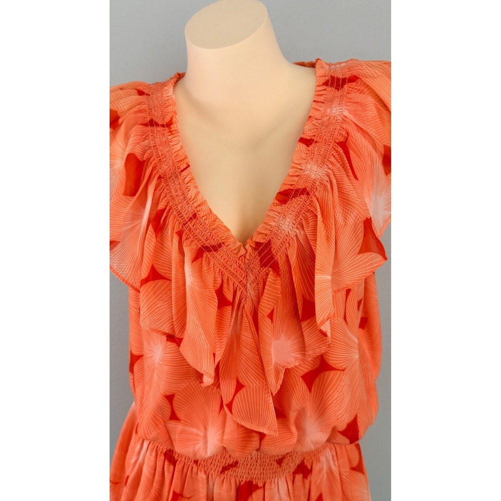Ramy Brook Tropical Boho Orange Ruffle Smocked Mini Dress Large - Picture 5 of 15